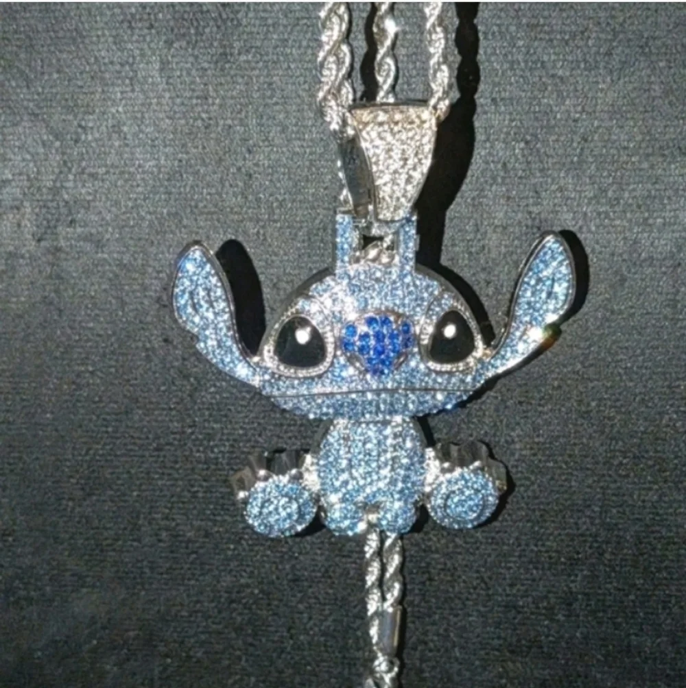 Stitch Character Rhinestone Pendant On Silver Tone Hip Hop Necklace 24